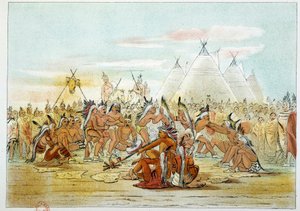 アメリカのインディアン。パイプダンスを踊るスー族に似たアッシニボイン族。ジョージ・カトリン（1794-1872）によるイラスト 作： George Catlin