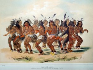 アメリカのインディアン。レッド・スキンの部族の儀式であるベア・ダンス。ジョージ・カトリン（1794-1872）によるイラスト