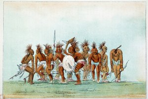 アメリカのインディアン。観光客のために乞食踊りを踊るブラックホーク族。ジョージ・カトリン（1794-1872）によるイラスト 作： George Catlin