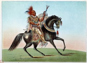 アメリカのインディアン。サックスとフォックスの部族のインディアンの酋長の騎馬像。ジョージ・カトリン（1794-1872）によるイラスト