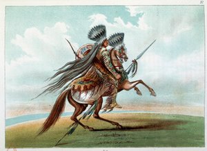 アメリカのインディアン：ロッキー山脈の麓で野生の馬を狩るインディアン・ミニアタレ。ジョージ・カトリン（1794-1872）によるイラスト