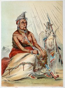 アメリカのインディアン。The Black Mocassinと名付けられたパイプを吸う老インディアン・シェフの肖像。ジョージ・カトリン（1794-1872）によるイラスト 作： George Catlin