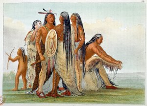 アメリカのインディアン。マンダン族。酋長San Ja Ka Ko Kah (San-Ja-Ka-Ko-Kah)は家族と一緒に取り囲んでいる。ジョージ・カトリン（1794-1872）の版画 作： George Catlin