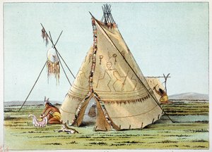 アメリカのインディアン。カラス族のティピには、ポルクエピスのピッキングが施されています。ジョージ・カトリン（1794-1872）によるイラスト 作： George Catlin