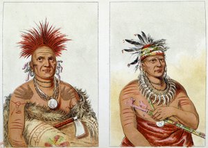 アメリカのインディアン：グレート・ポーニーズ（またはパニアッサ、パリ、パリキ）の馬の酋長（138番）2番目の酋長＋年齢（139番） - 2番目の酋長は熊の爪で作ったネックレスを持っている - イラスト：ジョージ・カトリン（1794-1872 作： George Catlin