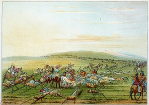 アメリカのインディアン：馬と犬を連れたインディアンの部族。ジョージ・カトリン（1794-1872）によるイラスト 作： George Catlin