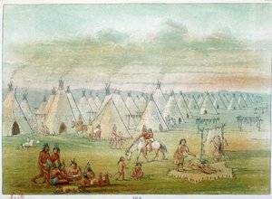 アメリカのインディアン：コマンチ村 テントはバイソンの皮で作られている。ジョージ・カトリン（1794-1872）のイラスト 作： George Catlin