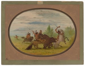 2頭のハイイログマを襲うクニステヌーインディアン 作： George Catlin