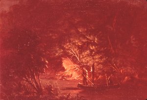 炬火でサーモンを槍で突くオジブエ族 作： George Catlin