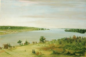 スーセントマリー、遠くにアメリカ軍駐屯地を望む 作： George Catlin