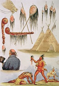 スキャルピングとスキャルプの装飾的使用（紙に水彩 作： George Catlin