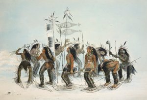 スノーシューダンス、パブ。 1845年カラーリトグラフ。 作： George Catlin