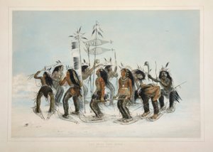 スノーシューダンス、パブ。 1845年カラーリトグラフ。 作： George Catlin