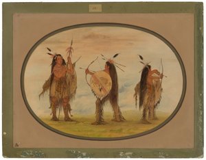 戦争のために武装した 3 人のマンダンの戦士 作： George Catlin