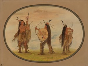 戦争のために武装した 3 人のマンダンの戦士、18611869。 作： George Catlin