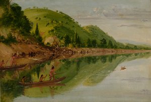 カヌーで雄鹿を追うスー・インディアン、セント・ピーターズ川の眺め 作： George Catlin