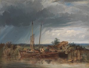 内海のほとりにある 2 隻の漁船 作： George Chambers