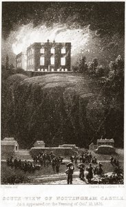 燃えているノッティンガム城、南から見た、1831 年 作： George Childs