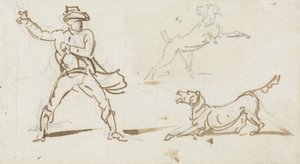犬にボールを投げる男（紙にペンとグラファイト）