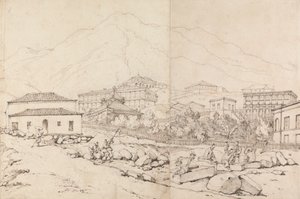 山村の丘の中腹にある建物（中国？） 作： George Chinnery