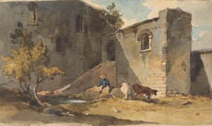 建物の影に牛が立っている図 作： George Chinnery