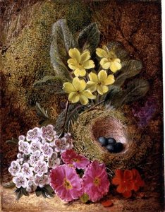 鳥の巣とプリムラのある静物画 作： George Clare