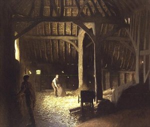 働く少年たちのいる納屋の内部 作： George Clausen