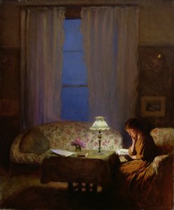 ランプの明かりで読む（トワイライト：インテリア）（キャンバスに油彩） 作： George Clausen