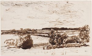 風に吹かれた風景（紙にペン、ブラシ、セピアインク） 作： George Clausen