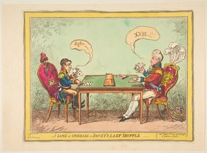 ゲームオブクリベッジまたはボニーズラストシャッフル、1814年6月6日。 作： George Cruikshank