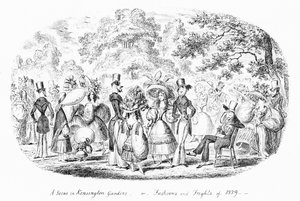 ケンジントンガーデンの一場面、または1829年のファッションと恐怖（エングレービング 作： George Cruikshank