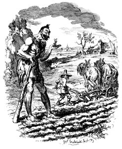 巨人が畑に立ち、19世紀には農夫のすきです。 作： George Cruikshank