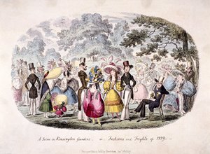 「ケンジントン ガーデンズの一場面、または 1829 年のファッションと恐怖」 作： George Cruikshank