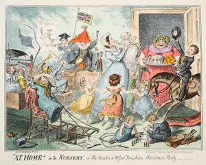 保育園の自宅、または「マスターズとミス2つの靴のクリスマスパーティー」、1835年（手描きの彫刻） 作： George Cruikshank