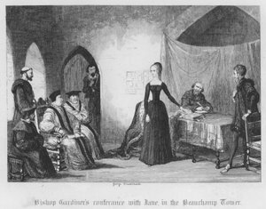 ボーシャン・タワーでのガーディナー司教のジェーンとの面会（エングレーヴィング 作： George Cruikshank