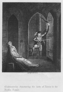デビリンの塔でアレクシアの遺体を発見するチョルモンデリー（彫刻作品 作： George Cruikshank