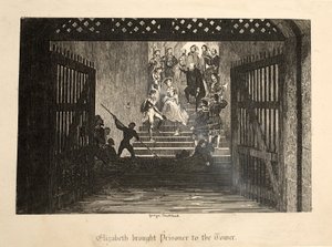 エリザベスは、ロンドン塔のパブから囚人をタワーに連れてきました。 1840 作： George Cruikshank
