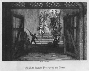 エリザベスが囚人を塔に連れてきた様子（版画 作： George Cruikshank