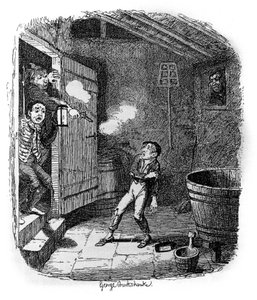 チャールズ・ディケンズ（1812-1870）作『オリバー・ツイスト』（オリヴィエ）の挿絵を、ジョージ・クルイックシャンク（1792-1878）が担当しました。 作： George Cruikshank