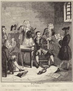 刑務所でジェームズソーンヒル卿によって描かれた彼の肖像画を持っているジャックシェパード 作： George Cruikshank