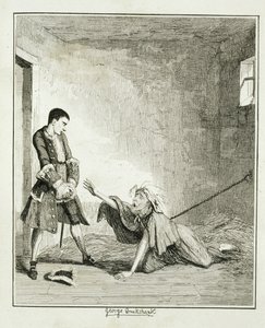 ジャックはロンドンのベツレヘム病院で母親を訪問し、1839年に出版されたウィリアムハリソンエインズワースの「ジャックシェパード：ロマンス」のイラストを掲載しました。 作： George Cruikshank