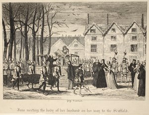 ジェーンはパブのロンドン塔から足場に行く途中で夫の遺体に会った。 1840 作： George Cruikshank