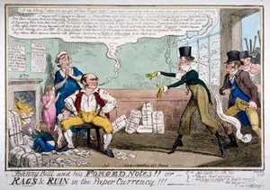 「ジョニー・ブルと彼の偽造紙幣!!!」、1819年。 作： George Cruikshank