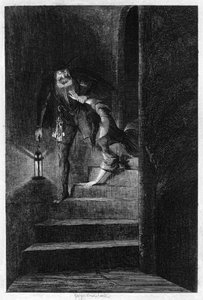 ローレンスナイトゴールがシテリーをソルトタワーの秘密の階段を下ってドラッグした、1840 作： George Cruikshank