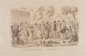 1851年のメイヒュースの素晴らしい展示会：最初のシリングの日-出てくる、1851 作： George Cruikshank