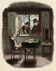 メイリー図書館で寝ているオリバーを観察する僧侶とフェイギン - 僧侶とユダヤ人 - チャールズ・ディケンズ（1812-1870）の『オリバー・ツイスト』（『オリバー・ツイストの冒険』）の挿絵、ジョージ・クルイックシャンク（1792-1878）によるもの。 作： George Cruikshank