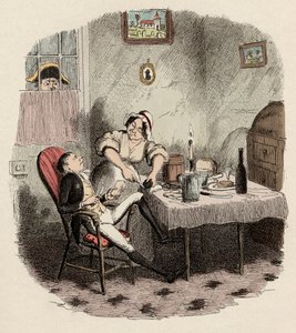 Monsieur Bumble observes Noe Claypole and Charlotte - Mr Claypole as he appeared when his master is out - イラストレーション for "Oliver Twist" (Olivier) (The Adventures of Oliver Twist) by Charles Dickens (1812-1870), by George Cruikshank (1792-1878) .