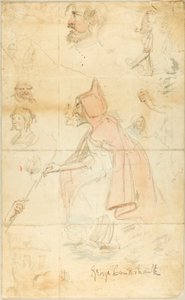 マザー・シプトン (直腸); スケッチのシート: アヤメと人物 (裏面) 作： George Cruikshank