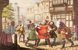 クイック夫人は、ジョン・ファルスタッフ卿をヘンリー4世のパート2で逮捕しました。 作： George Cruikshank