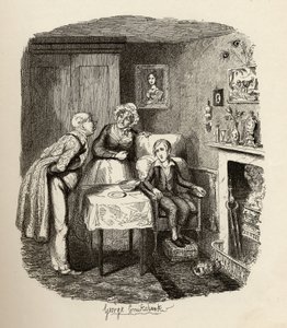 チャールズ・ディケンズの「オリバー・ツイストの冒険」（1812-70）1838年、チャップマン・ウント・ホール発行、1901年の発熱から回復するオリバー 作： George Cruikshank